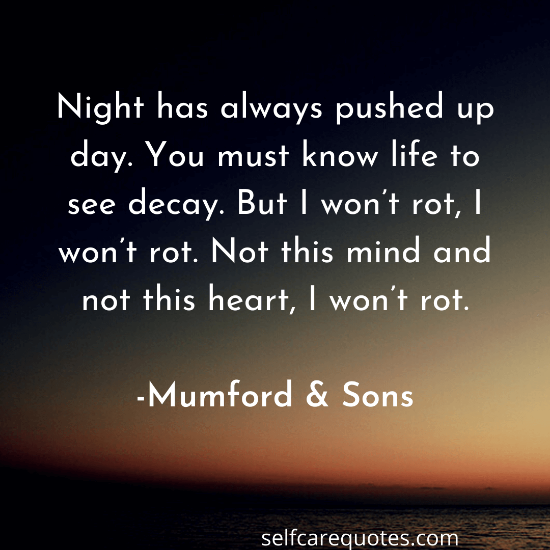 Night has always pushed up day. You must know life to see decay. But I won’t rot, I won’t rot. Not this mind and not this heart, I won’t rot. -Mumford & Sons