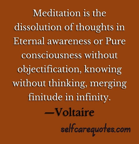 Meditation is the dissolution of thoughts in Eternal awareness or Pure consciousness without objectification, knowing without thinking, merging finitude in infinity.—Voltaire